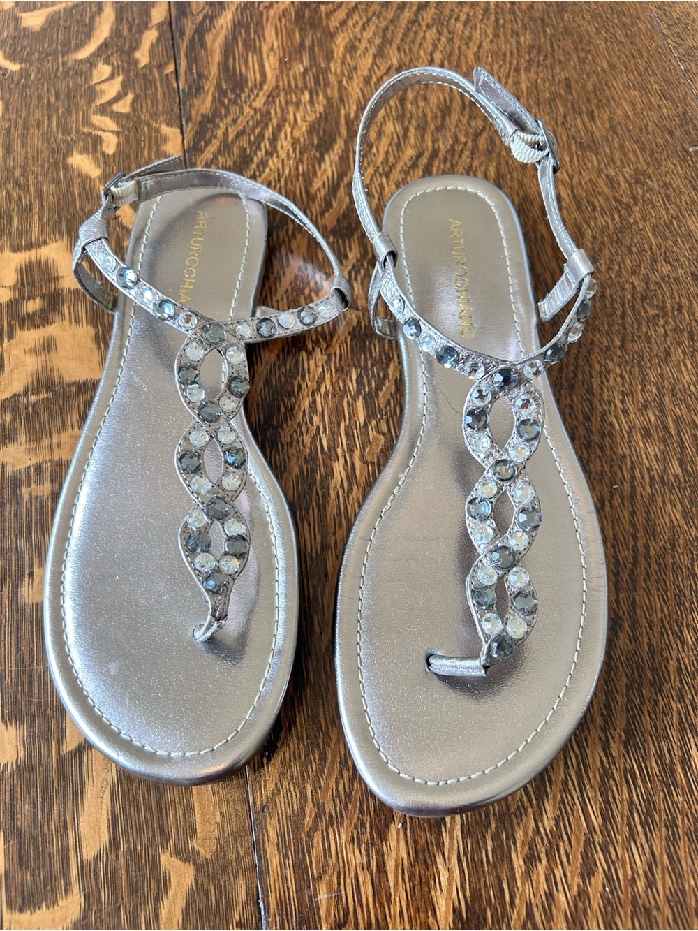 Arturo Chiang Silver Crystal T-Strap Sandals